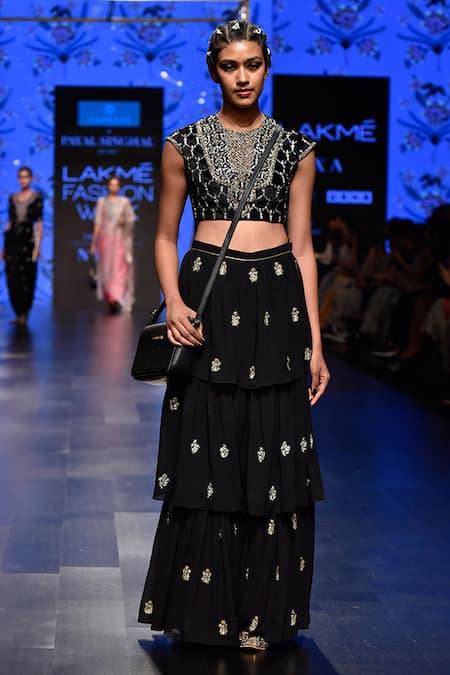 Payal Singhal_Black Velvet Embroidery Round Nasiba Choli And Sharara Set _Online_at_Aza_Fashions