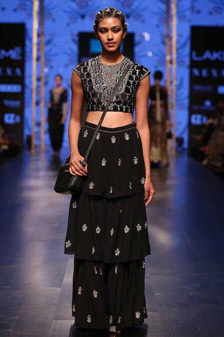 Buy_Payal Singhal_Black Velvet Embroidery Round Nasiba Choli And Sharara Set _Online_at_Aza_Fashions