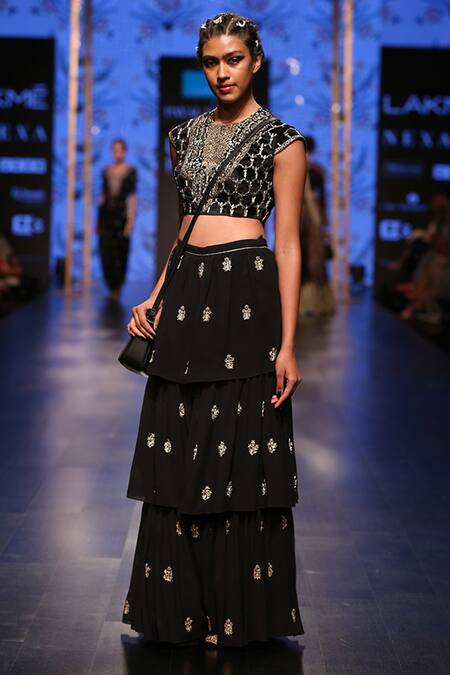 Shop_Payal Singhal_Black Velvet Embroidery Round Nasiba Choli And Sharara Set _Online_at_Aza_Fashions