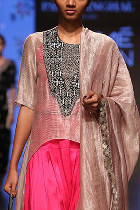 Payal Singhal Grey Chanderi Embroidery Round Muniza High Low Kurta Salwar Set at Aza Fashions Payal Singhal_Grey Chanderi Embroidery Round Muniza High Low Kurta Salwar Set _at_Aza_Fashions