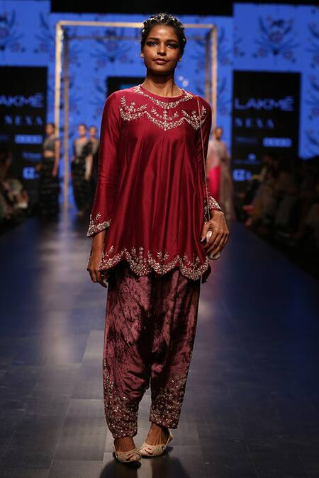 Buy Payal Singhal Red Silkmul Embroidery Round Anora Short Anarkali With Low Crotch Pants at Aza Fashions Buy_Payal Singhal_Red Silkmul Embroidery Round Anora Short Anarkali With Low Crotch Pants_at_Aza_Fashions