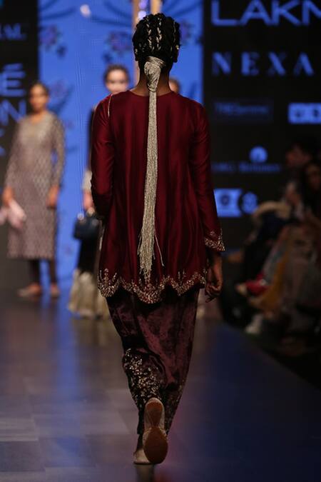 Shop Payal Singhal Red Silkmul Embroidery Round Anora Short Anarkali With Low Crotch Pants at Aza Fashions Shop_Payal Singhal_Red Silkmul Embroidery Round Anora Short Anarkali With Low Crotch Pants_at_Aza_Fashions