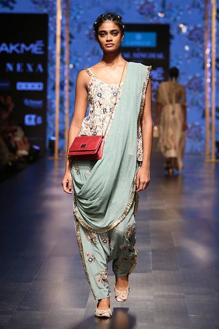 Payal Singhal Pink Crepe Embroidery Mukaish Round Merunisa Dhoti Saree With Short Anarkali Online at Aza Fashions Payal Singhal_Pink Crepe Embroidery Mukaish Round Merunisa Dhoti Saree With Short Anarkali _Online_at_Aza_Fashions