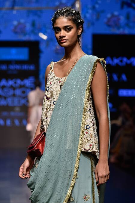 Payal Singhal Pink Crepe Embroidery Mukaish Round Merunisa Dhoti Saree With Short Anarkali at Aza Fashions Payal Singhal_Pink Crepe Embroidery Mukaish Round Merunisa Dhoti Saree With Short Anarkali _at_Aza_Fashions