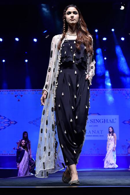Buy_Payal Singhal_Grey Crepe And Organza Embroidery Tassels Myra Duster Jacket With Low Crotch Pants _Online_at_Aza_Fashions