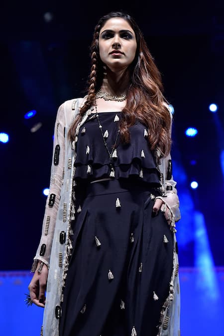 Shop_Payal Singhal_Grey Crepe And Organza Embroidery Tassels Myra Duster Jacket With Low Crotch Pants _Online_at_Aza_Fashions