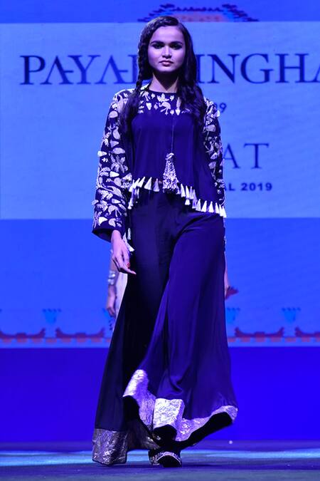 Shop_Payal Singhal_Black Crepe Embroidery Tassels Round Feza Kaftan Top And Sharara Set_Online_at_Aza_Fashions