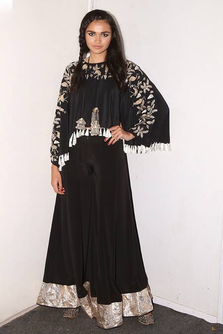 Buy_Payal Singhal_Black Crepe Embroidery Tassels Round Feza Kaftan Top And Sharara Set_Online_at_Aza_Fashions