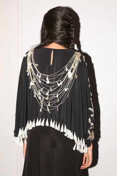Payal Singhal_Black Crepe Embroidery Tassels Round Feza Kaftan Top And Sharara Set_at_Aza_Fashions