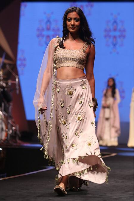 Payal Singhal_Grey Silk Embroidery Square Neck Aylen Bustier With Skirt Palazzo Set_Online_at_Aza_Fashions