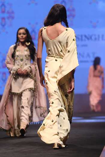 Shop_Payal Singhal_Yellow Crepe Embroidery Thread And Sequin V Neck Jihan Kaftan With Belt _Online_at_Aza_Fashions