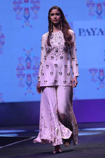 Buy Payal Singhal Peach Crepe Embroidery Thread Round Izel High Low Kurta And Sharara Set Online at Aza Fashions Buy_Payal Singhal_Peach Crepe Embroidery Thread Round Izel High Low Kurta And Sharara Set _Online_at_Aza_Fashions