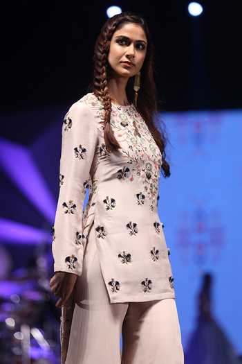 Payal Singhal Peach Crepe Embroidery Thread Round Izel High Low Kurta And Sharara Set at Aza Fashions Payal Singhal_Peach Crepe Embroidery Thread Round Izel High Low Kurta And Sharara Set _at_Aza_Fashions