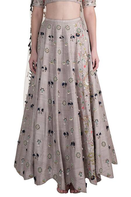 Shop_Payal Singhal_Grey Dupion Silk Embroidered Floral Motifs Scoop Neck Rezan Bridal Lehenga Set_Online_at_Aza_Fashions