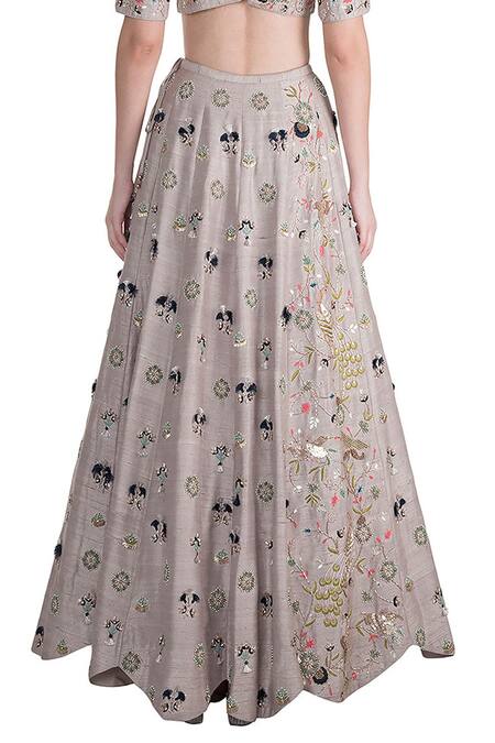 Payal Singhal_Grey Dupion Silk Embroidered Floral Motifs Scoop Neck Rezan Bridal Lehenga Set_at_Aza_Fashions