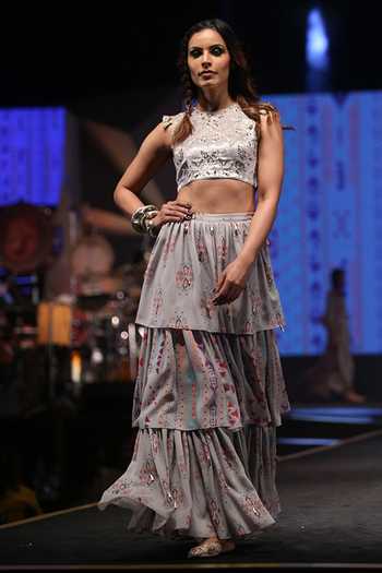 Payal Singhal_Grey Velvet Printed Ikat Butti Round Atoosa Choli And Sharara Set _Online_at_Aza_Fashions