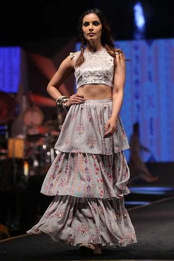 Buy_Payal Singhal_Grey Velvet Printed Ikat Butti Round Atoosa Choli And Sharara Set _Online_at_Aza_Fashions
