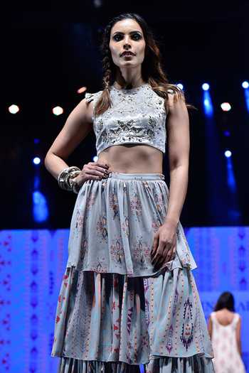 Shop_Payal Singhal_Grey Velvet Printed Ikat Butti Round Atoosa Choli And Sharara Set _Online_at_Aza_Fashions