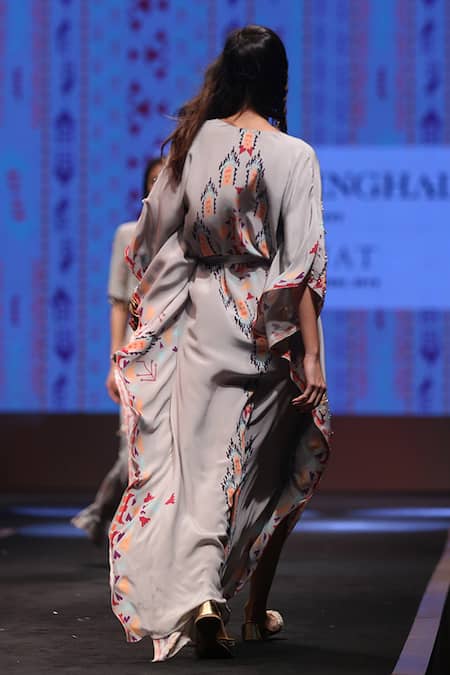 Shop Payal Singhal Grey Crepe Ikat Carpet V Neck Afshan Print Kaftan at Aza Fashions Shop_Payal Singhal_Grey Crepe Ikat Carpet V Neck Afshan Print Kaftan _at_Aza_Fashions