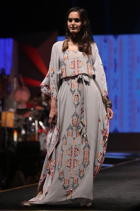 Payal Singhal Grey Crepe Ikat Carpet V Neck Afshan Print Kaftan Online at Aza Fashions Payal Singhal_Grey Crepe Ikat Carpet V Neck Afshan Print Kaftan _Online_at_Aza_Fashions