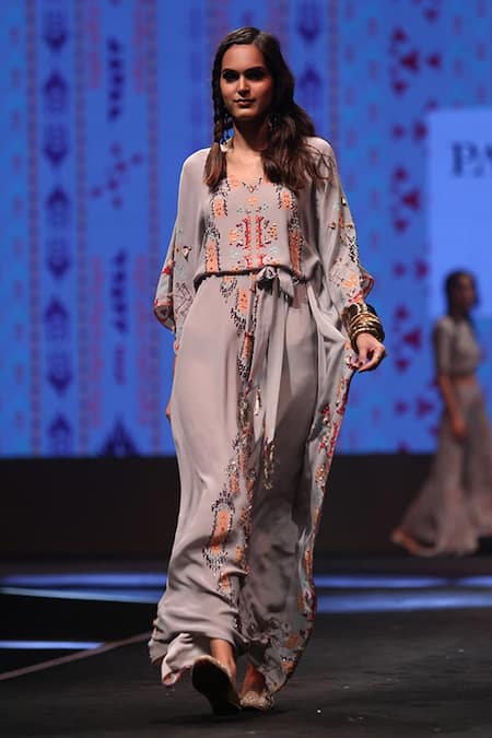 Buy Payal Singhal Grey Crepe Ikat Carpet V Neck Afshan Print Kaftan Online at Aza Fashions Buy_Payal Singhal_Grey Crepe Ikat Carpet V Neck Afshan Print Kaftan _Online_at_Aza_Fashions