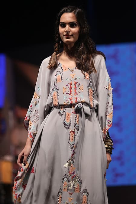 Payal Singhal Grey Crepe Ikat Carpet V Neck Afshan Print Kaftan at Aza Fashions Payal Singhal_Grey Crepe Ikat Carpet V Neck Afshan Print Kaftan _at_Aza_Fashions