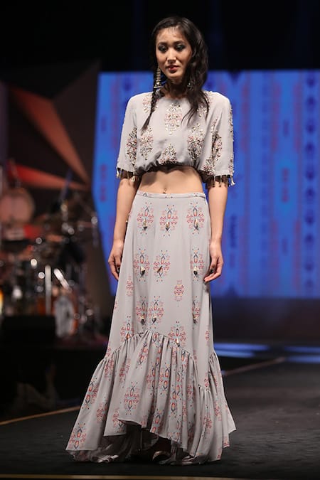 Payal Singhal Grey Crepe Printed Ikat Butti Round Eren Top And Skirt Set