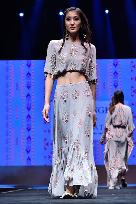 Payal Singhal Grey Crepe, Georgette Ikat Butti Round Eren Print Top And Skirt Set Online at Aza Fashions Payal Singhal_Grey Crepe, Georgette Ikat Butti Round Eren Print Top And Skirt Set _Online_at_Aza_Fashions