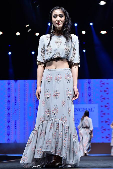 Buy Payal Singhal Grey Crepe, Georgette Ikat Butti Round Eren Print Top And Skirt Set Online at Aza Fashions Buy_Payal Singhal_Grey Crepe, Georgette Ikat Butti Round Eren Print Top And Skirt Set _Online_at_Aza_Fashions