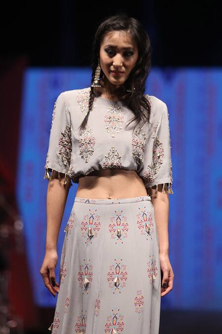 Shop Payal Singhal Grey Crepe, Georgette Ikat Butti Round Eren Print Top And Skirt Set Online at Aza Fashions Shop_Payal Singhal_Grey Crepe, Georgette Ikat Butti Round Eren Print Top And Skirt Set _Online_at_Aza_Fashions