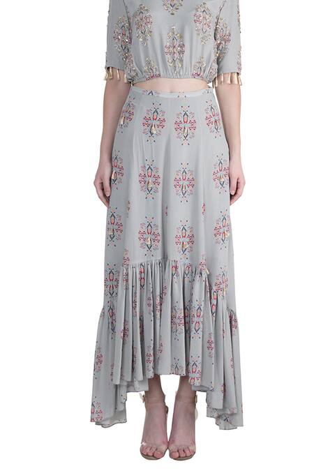 Payal Singhal Grey Crepe, Georgette Ikat Butti Round Eren Print Top And Skirt Set at Aza Fashions Payal Singhal_Grey Crepe, Georgette Ikat Butti Round Eren Print Top And Skirt Set _at_Aza_Fashions