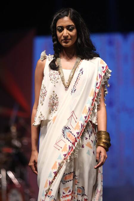 Shop_Payal Singhal_Beige Georgette Printed Ikat Scoop Neck Itrat Saree And Top Set _Online_at_Aza_Fashions