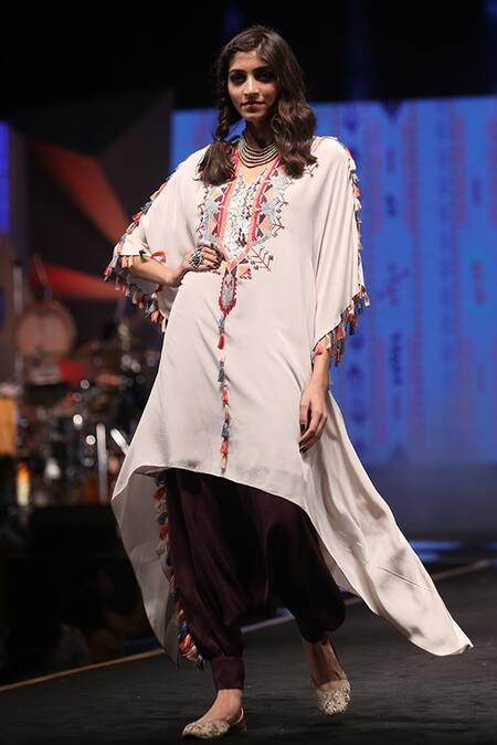 Buy_Payal Singhal_Beige Crepe Embroidered V Neck Saneh Kaftan And Pant Set _Online_at_Aza_Fashions
