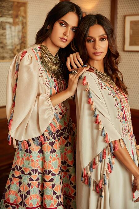 Shop_Payal Singhal_Beige Silk, Silkmul Geometric Motif Round Gulzara Top And Cropped Lehenga Set_Online_at_Aza_Fashions