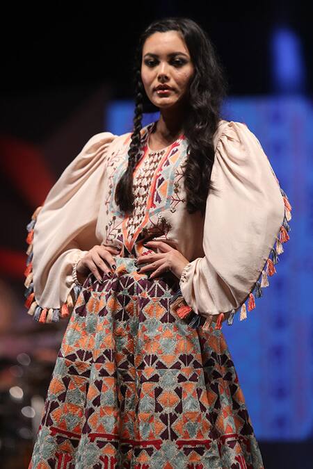 Payal Singhal_Beige Silk, Silkmul Geometric Motif Round Gulzara Top And Cropped Lehenga Set_at_Aza_Fashions