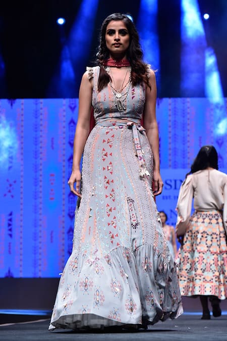 Payal Singhal_Grey Crepe Printed Ikat V Neck Arsha Lehenga Set _Online_at_Aza_Fashions