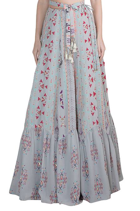 Payal Singhal_Grey Crepe Printed Ikat V Neck Arsha Lehenga Set _at_Aza_Fashions