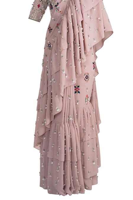 Payal Singhal_Pink Georgette Embroidered Geometric Motif V Neck Zila Saree And Choli Set _at_Aza_Fashions