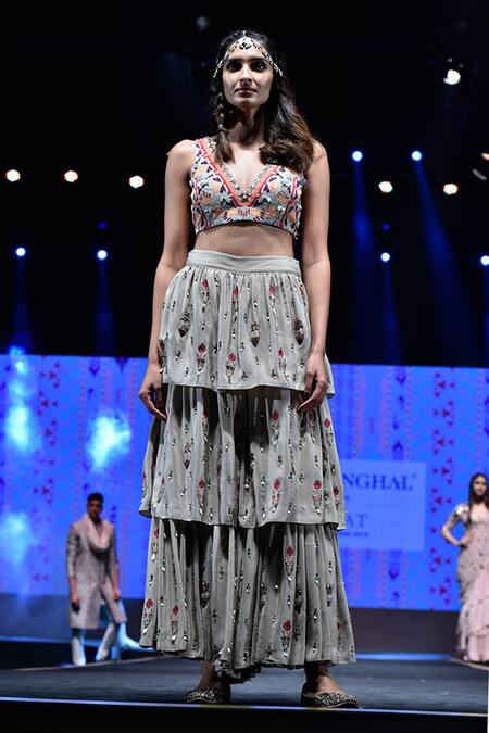 Buy_Payal Singhal_Grey Crepe Embroidered Geometric Motif V Neck Aara Choli And Layered Sharara Set_Online_at_Aza_Fashions