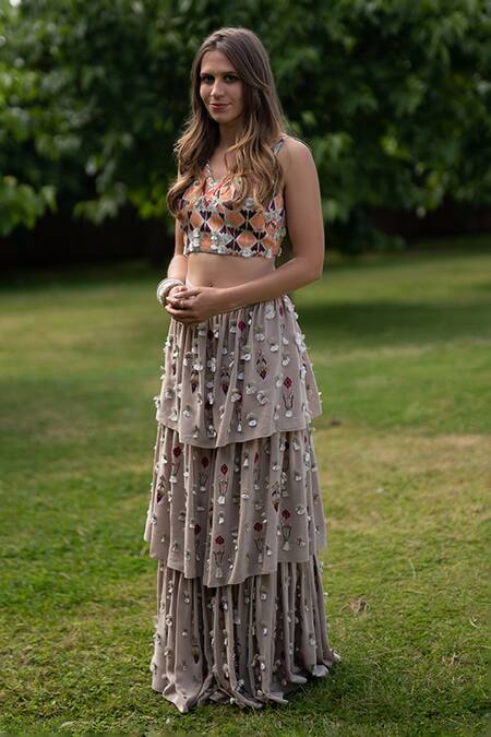 Shop_Payal Singhal_Grey Crepe Embroidered Geometric Motif V Neck Aara Choli And Layered Sharara Set_Online_at_Aza_Fashions