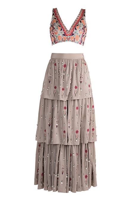 Payal Singhal_Grey Crepe Embroidered Geometric Motif V Neck Aara Choli And Layered Sharara Set_at_Aza_Fashions