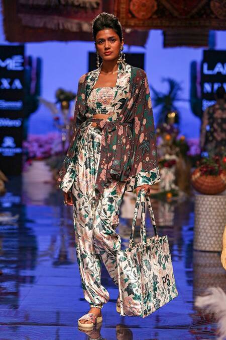 PS Pret By Payal Singhal_Brown Georgette Printed Abutilon Flower Motifs Suri Kimono And Jogger Pant Set _Online_at_Aza_Fashions