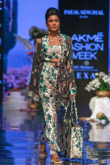 PS Pret By Payal Singhal_Brown Georgette Printed Abutilon Flower Motifs Suri Kimono And Jogger Pant Set _at_Aza_Fashions