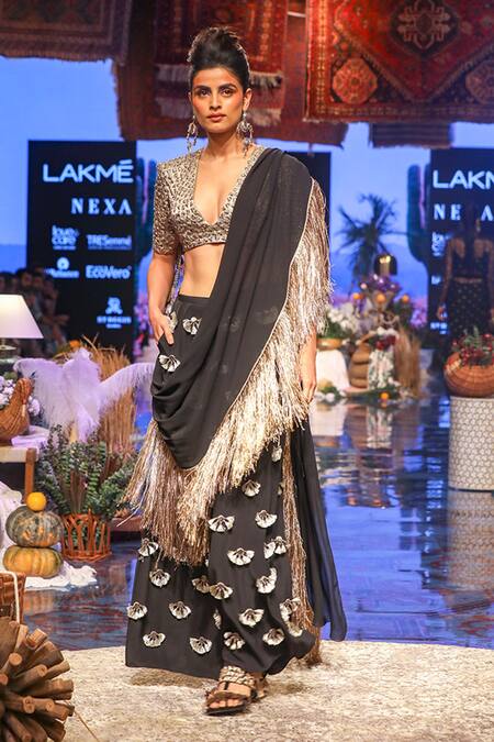 Payal Singhal_Black Crepe Embroidered Geometric Motif Plunge V Iria Choli And Draped Palazzo Set_Online_at_Aza_Fashions