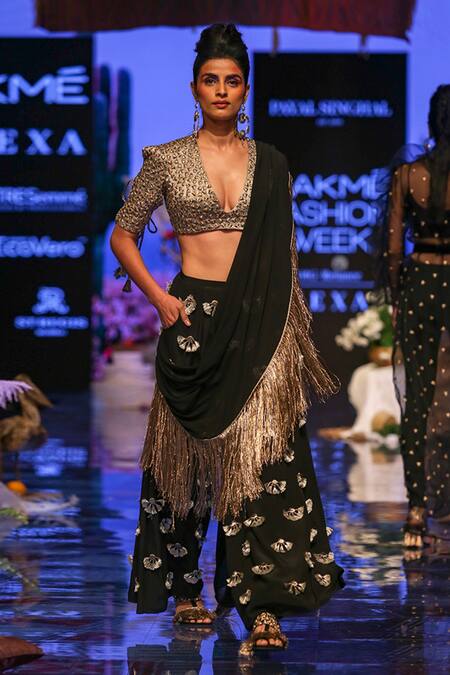 Buy_Payal Singhal_Black Crepe Embroidered Geometric Motif Plunge V Iria Choli And Draped Palazzo Set_Online_at_Aza_Fashions