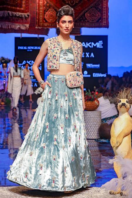 Payal Singhal_Blue Velvet, Georgette Floral Motifs Seine Embroidered Jacket And Lehenga Set _Online_at_Aza_Fashions