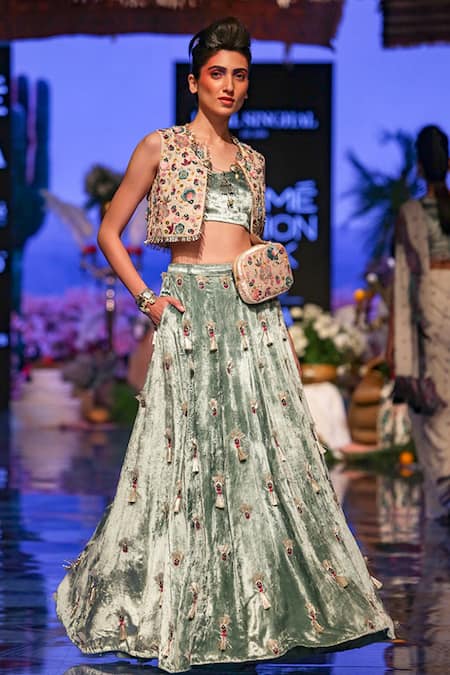 Buy_Payal Singhal_Blue Velvet, Georgette Floral Motifs Seine Embroidered Jacket And Lehenga Set _Online_at_Aza_Fashions