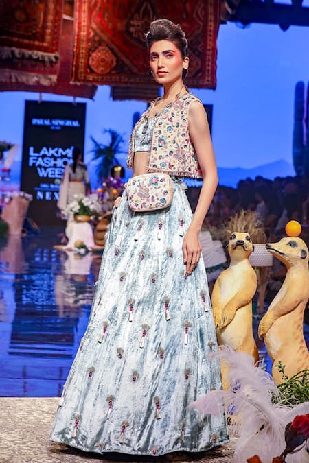 Shop_Payal Singhal_Blue Velvet, Georgette Floral Motifs Seine Embroidered Jacket And Lehenga Set _Online_at_Aza_Fashions
