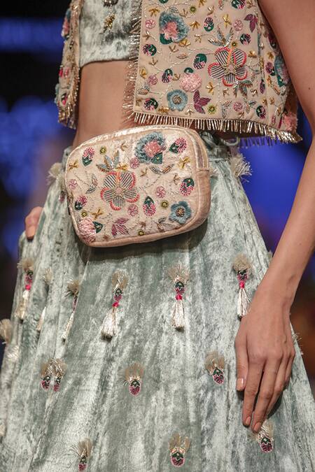 Payal Singhal_Blue Velvet, Georgette Floral Motifs Seine Embroidered Jacket And Lehenga Set _at_Aza_Fashions