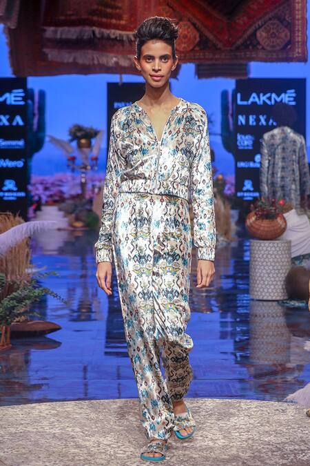 Payal Singhal White Velvet Embroidered Ikat Afrika Printed Bomber Jacket And Jogger Pant Set Online at Aza Fashions Payal Singhal_White Velvet Embroidered Ikat Afrika Printed Bomber Jacket And Jogger Pant Set_Online_at_Aza_Fashions